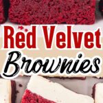 Up close of Red Velvet Brownies and cream cheese frosting.