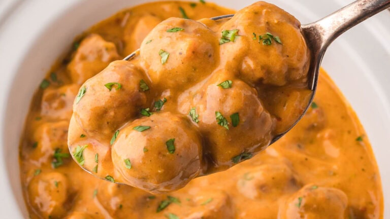 Slow Cooker Butter Chicken Meatballs by Tessie's Table.