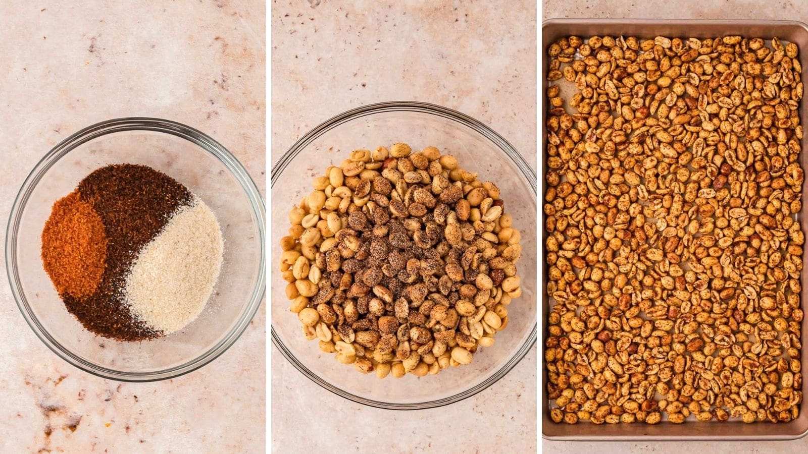 Three step photos showing chili powder, garlic powder and cayenne in a glass bowl, peanuts tossed with oil and spices, and spiced peanuts spread on a baking sheet by Tessie's Table.