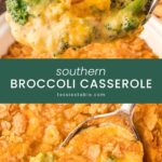 Spoonful of Southern Broccoli Casserole lifted from a baking dish with a golden Ritz cracker topping by Tessie's Table.