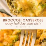 Close-up of cheesy broccoli casserole on a spoon and a fork in a creamy serving of Southern Broccoli Casserole by Tessie's Table.