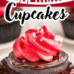 Chocolate peppermint cupcakes with mint frosting and candy cane.