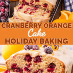 Cranberry orange cake with glaze on a wooden board.