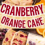 Cranberry orange cake with glaze on a wooden board.