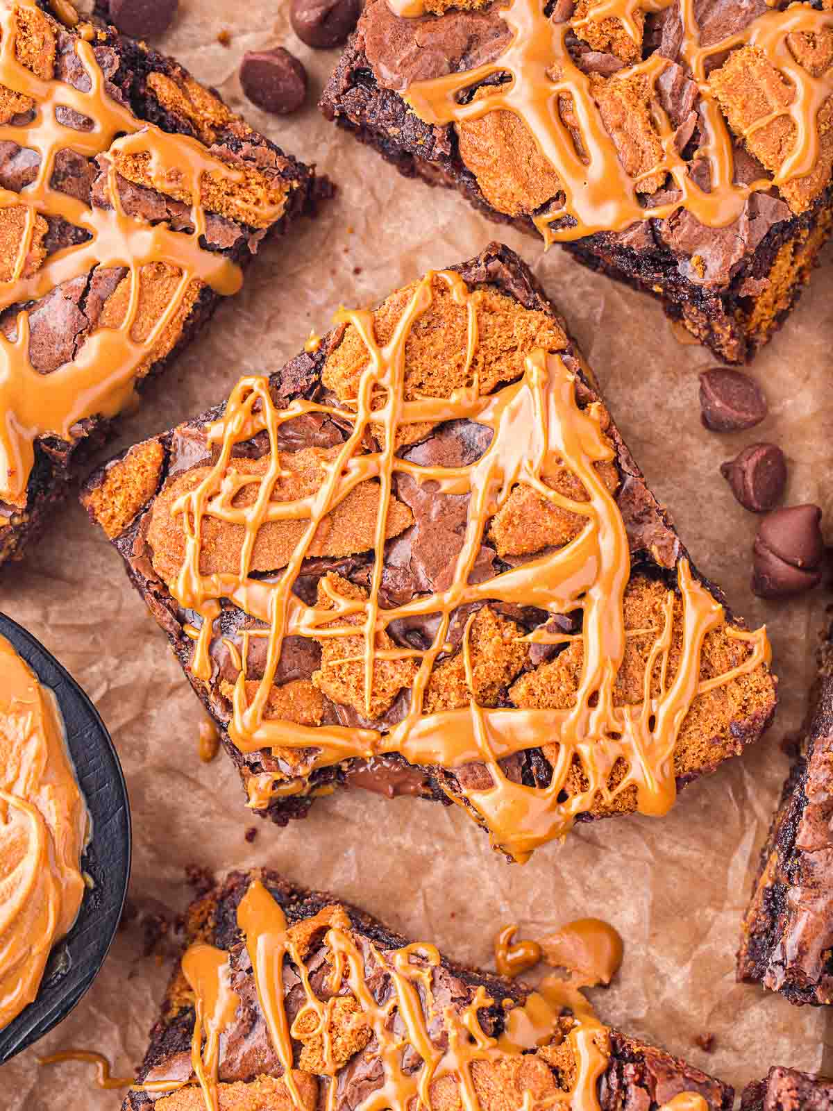 Overhead shot of Biscoff Brownies with one missing a bite.