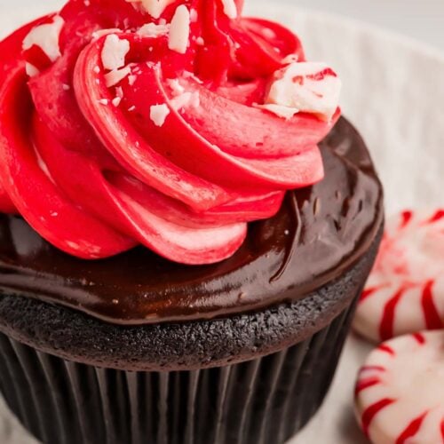 Up close of Chocolate Peppermint Cupcakes.