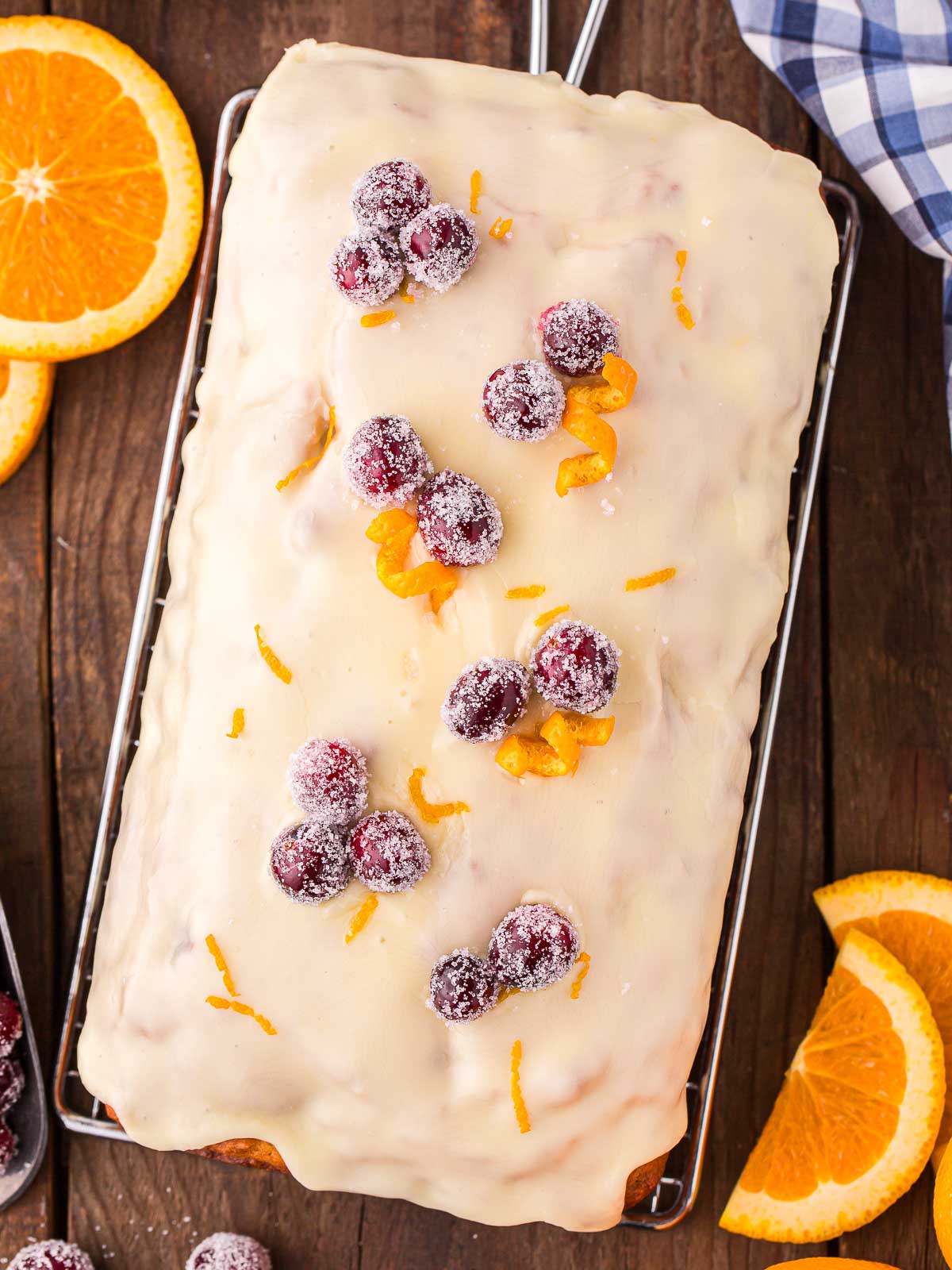 Over head shot of Cranberry Orange Bread with cranberries and orange peel.