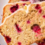 Up close of a slice of Cranberry Orange Cake.