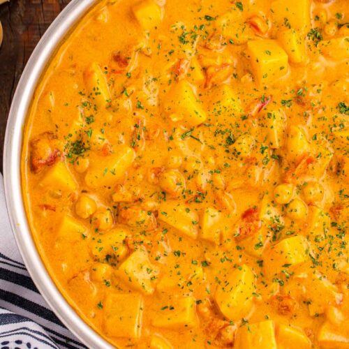 Up close of Potato Curry in a pan.