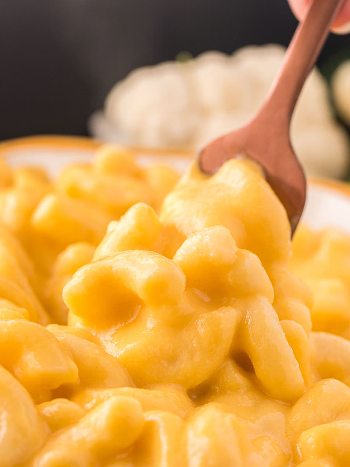 Veggie Mac and Cheese on a fork.