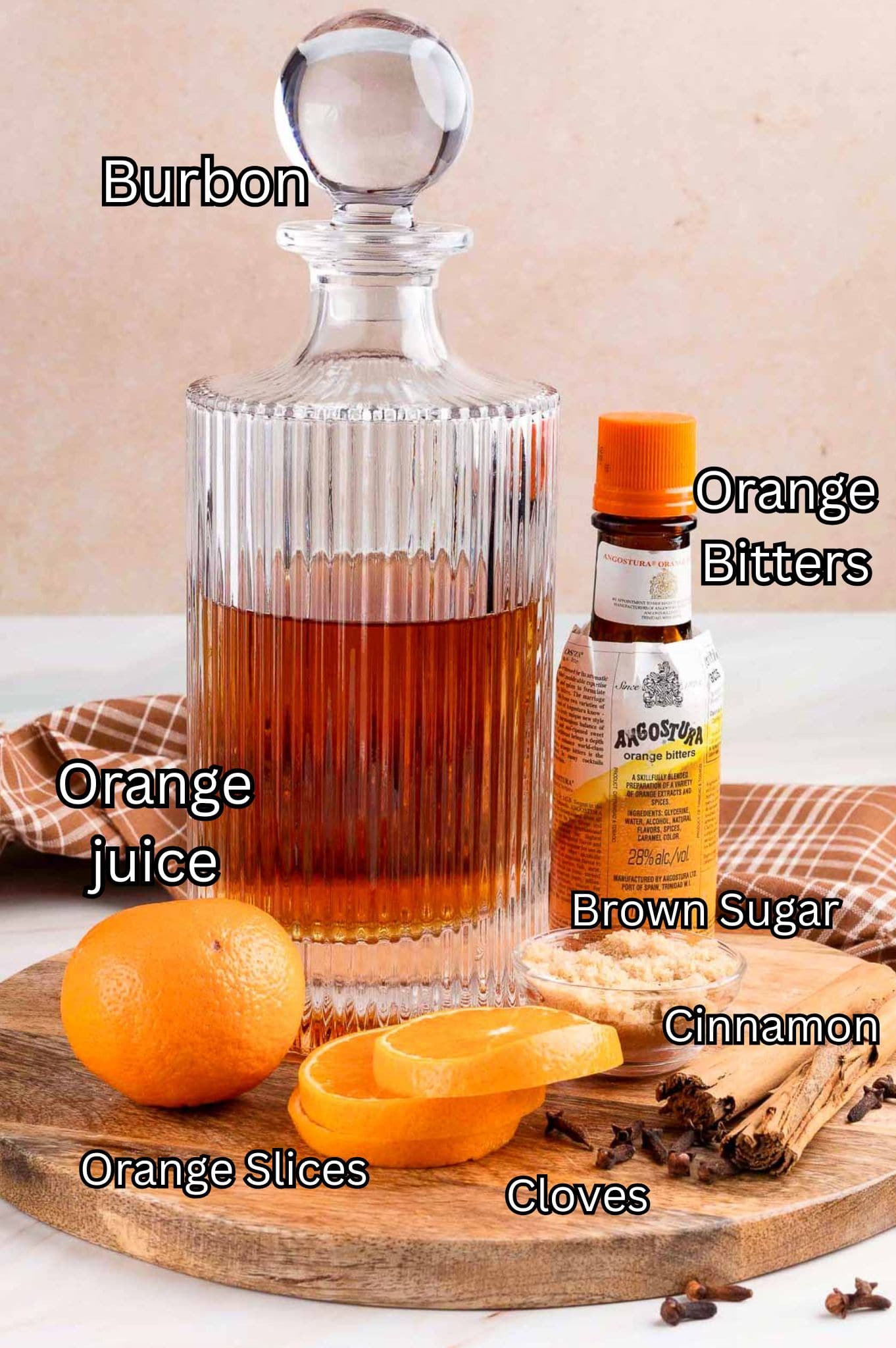 Ingredients for Orange Cinnamon Old Fashioned.