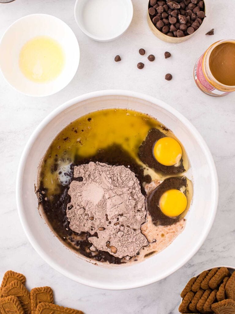 All the ingredients in a bowl to make the Biscoff Brownies.