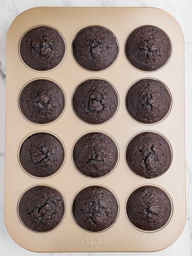 Chocolate cupcakes cooked in a muffin tin.