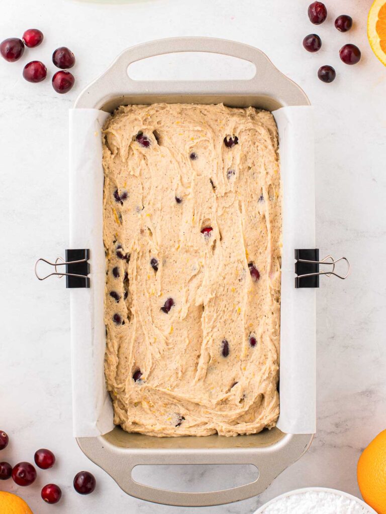 Batter in a loaf pan.