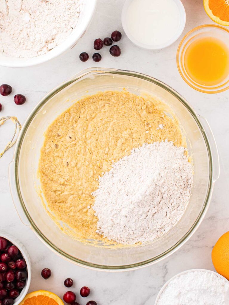 Half the dry ingredients in a bowl with the wet ingredients.