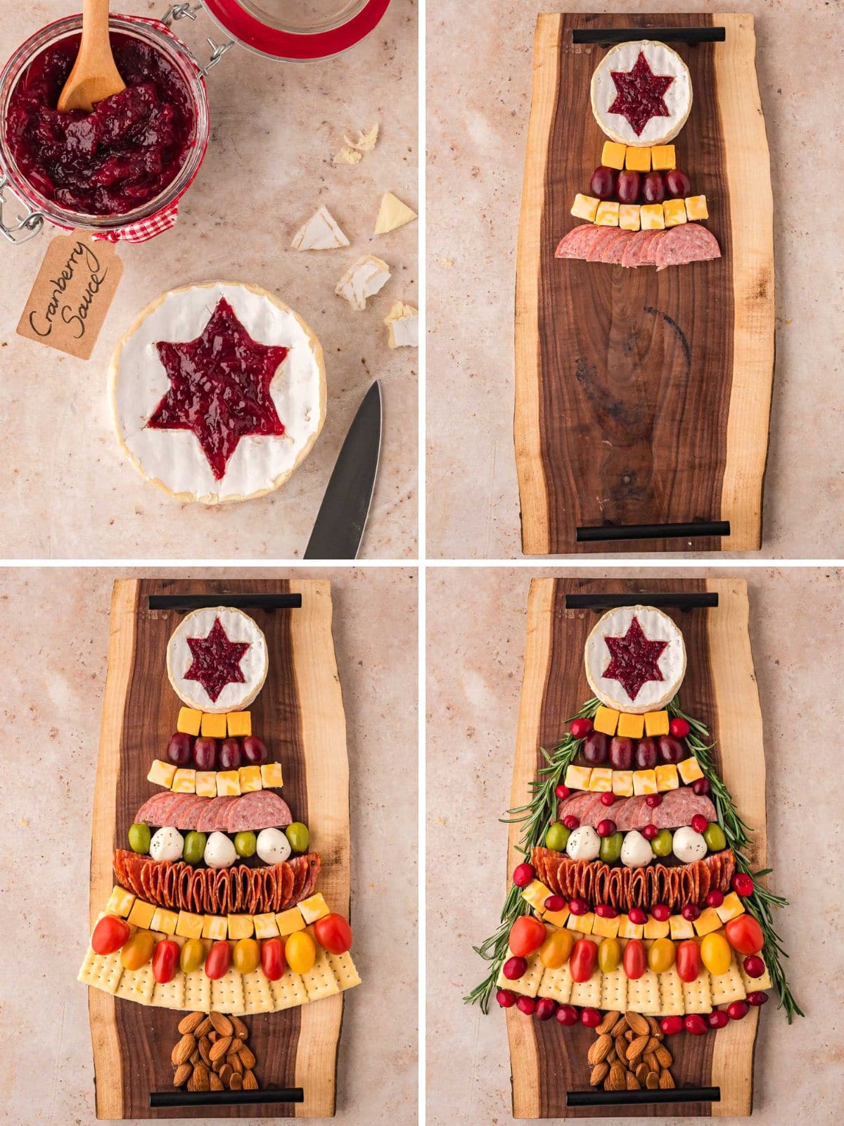 Four step photos showing a brie wheel with a cranberry sauce star, the first rows of cheese, grapes and sausage on a wooden board, the full tree with salami, tomatoes, crackers and an almond trunk, and the finished Christmas tree charcuterie board with rosemary and cranberries by Tessie's Table.
