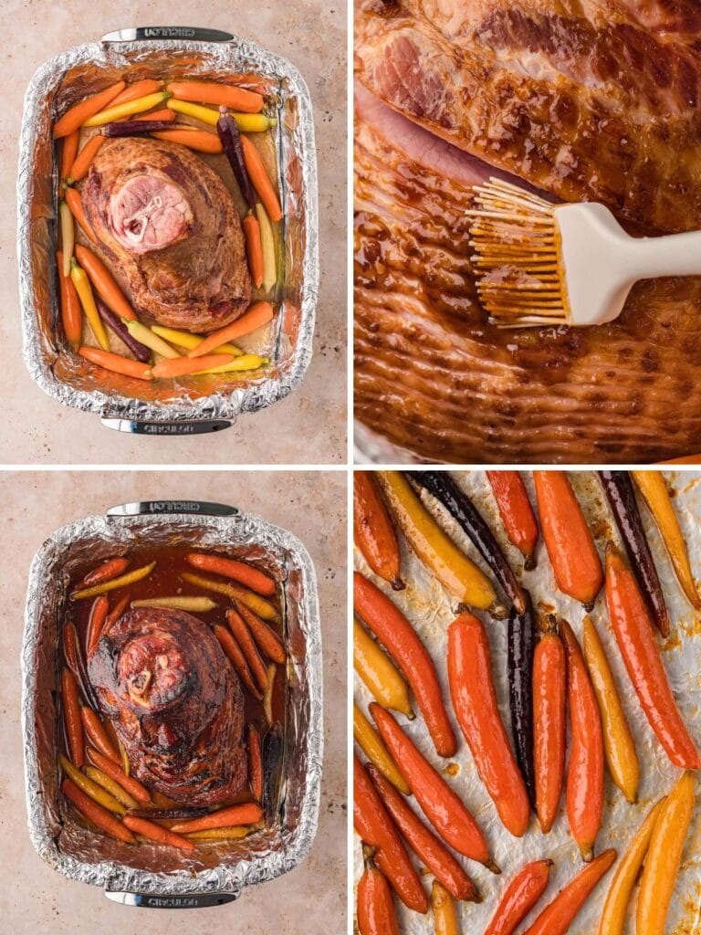 Four step photos showing ham and rainbow carrots in a roasting pan, glaze being brushed over spiral ham, the baked glazed ham with carrots, and roasted carrots on a sheet pan by Tessie's Table.