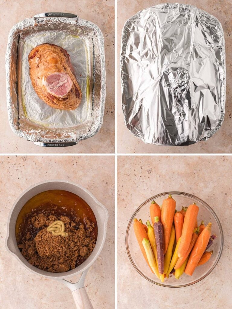 Four step photos showing a ham in a foil-lined roasting pan, the pan covered with foil, orange marmalade, brown sugar and Dijon in a saucepan, and rainbow carrots tossed in oil for glazed ham by Tessie's Table.