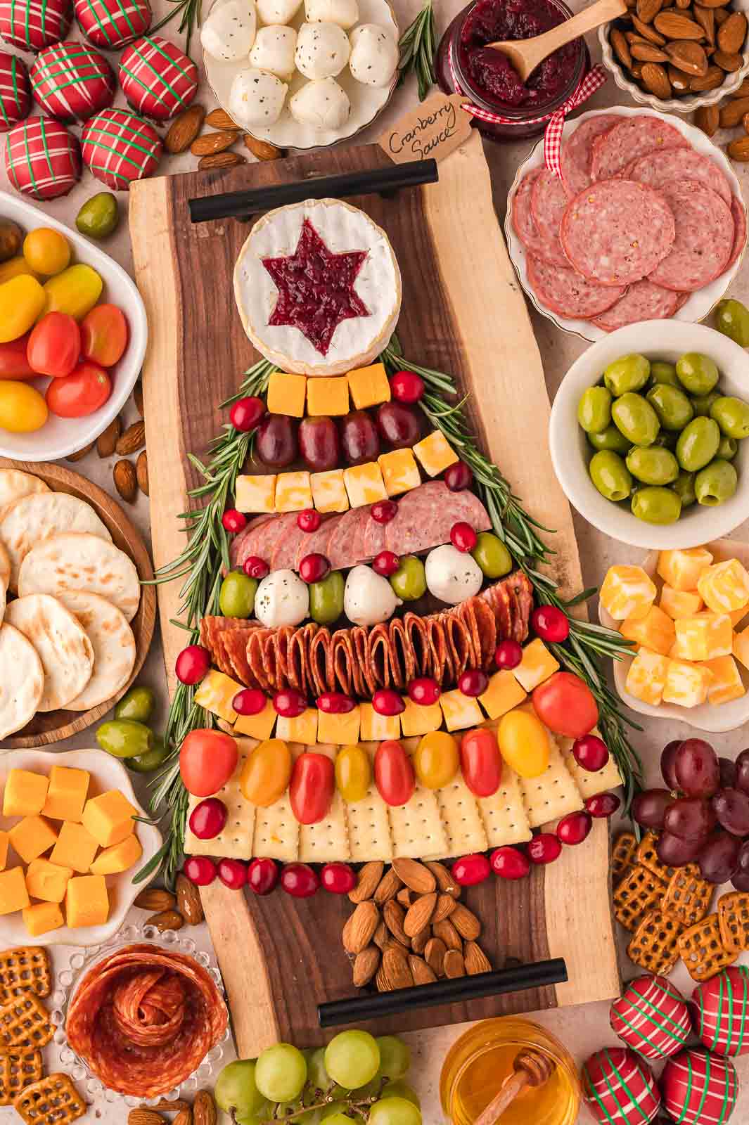 Overhead view of Christmas Tree Charcuterie Board