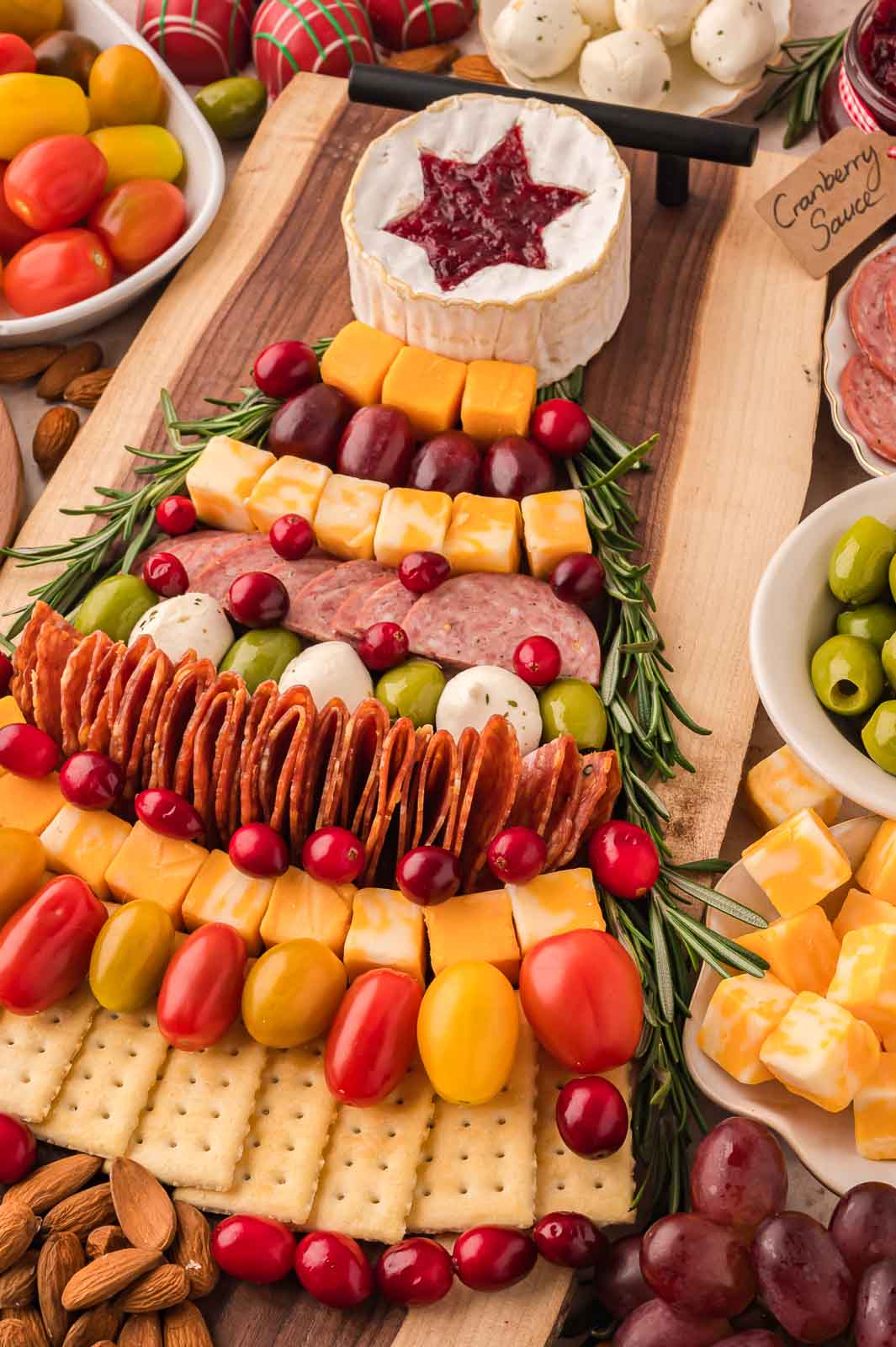 A side view of Christmas Tree Charcuterie Board .