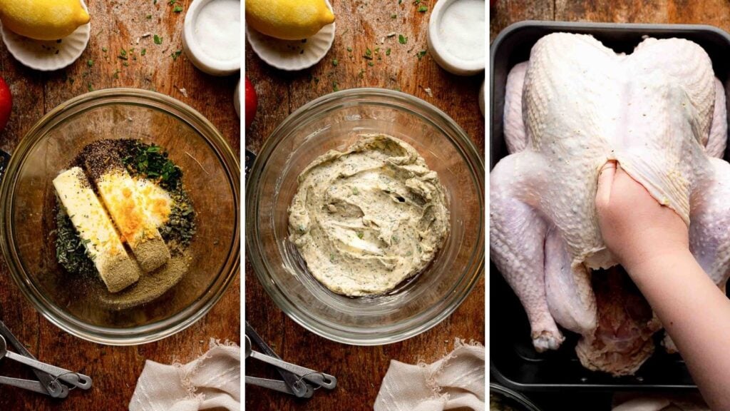Three step photos showing butter, herbs, citrus zest and seasoning in a glass bowl, the mixed herb butter, and a hand loosening the skin over a raw turkey breast for roast turkey by Tessie's Table.