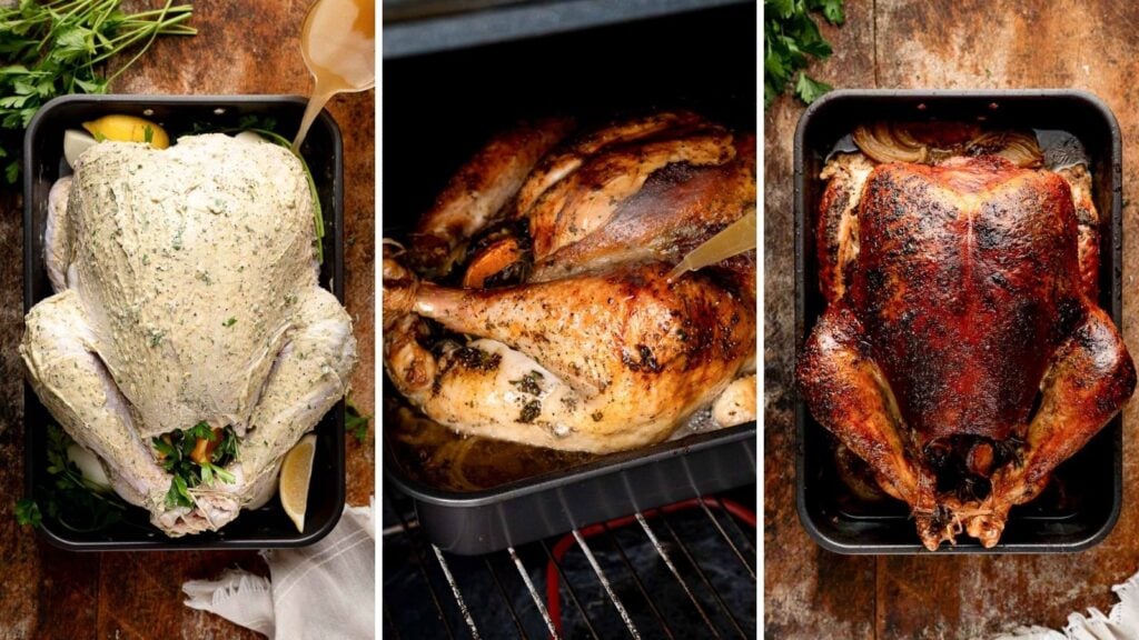 Three step photos showing broth poured into the roasting pan around a herb butter turkey, the turkey being basted in the oven, and the finished golden roast turkey in the pan by Tessie's Table.