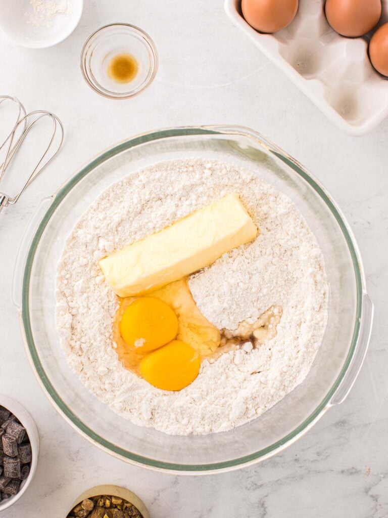 Dry and wet ingredients in a bowl.