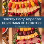 Close-up of a Christmas tree charcuterie board with rows of cheese, salami, mozzarella, olives, cherry tomatoes and crackers decorated with rosemary and cranberries by Tessie's Table.