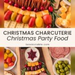 Close-up of the rows on a Christmas charcuterie board with cheddar, grapes, sausage, folded salami, cherry tomatoes and crackers by Tessie's Table.