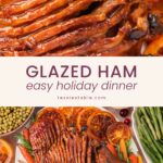 Overhead view of glazed ham and roasted carrots on a platter with mashed potatoes, peas, rolls and roast potatoes by Tessie's Table.