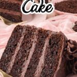 A slice of double chocolate cake on a plate with a gols fork.