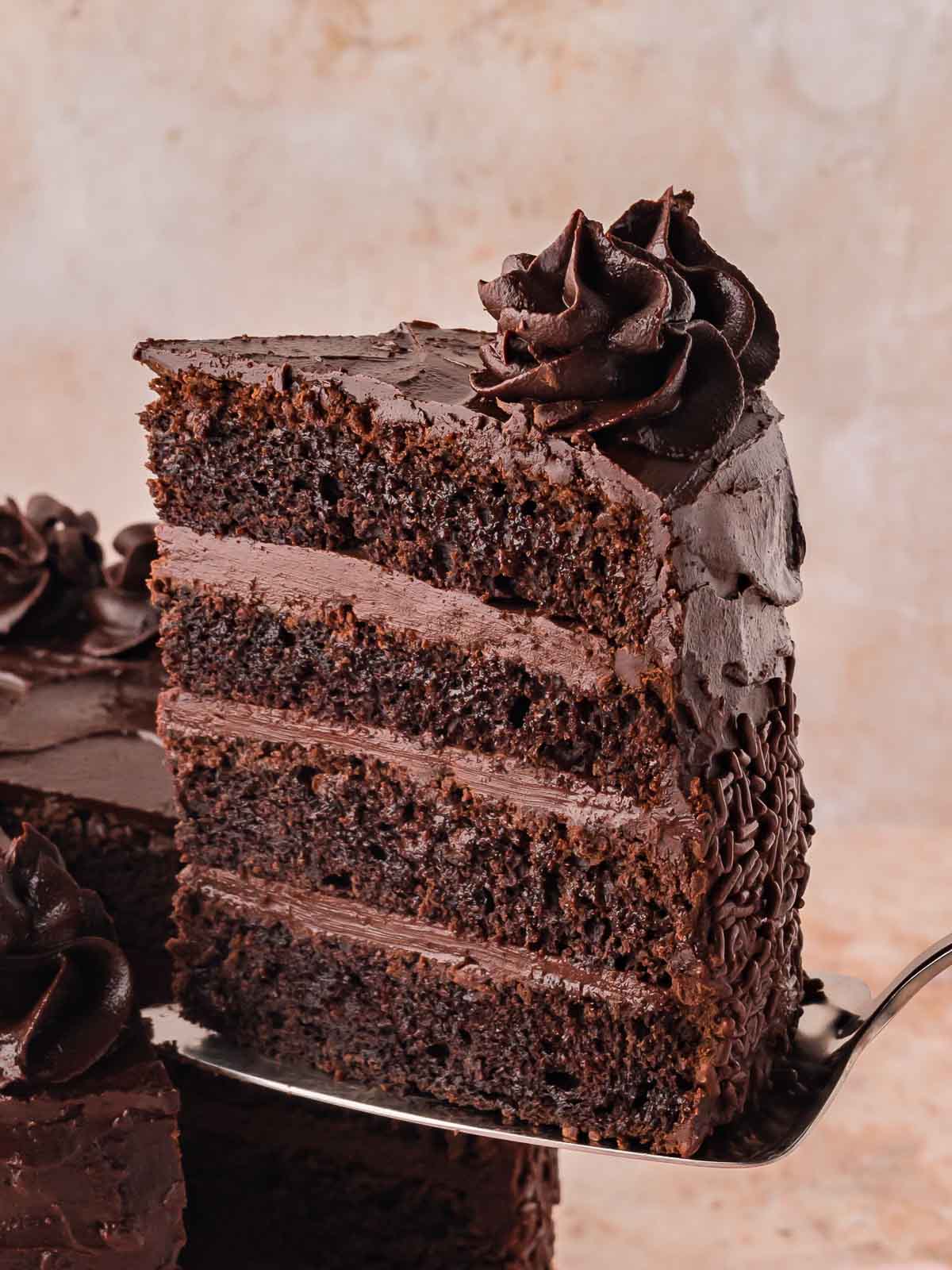 An inside shot of a slice of Double Chocolate cake being removed form the cake.