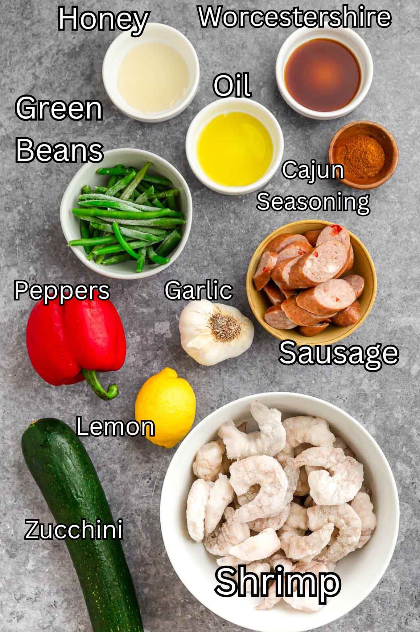 Ingredients for Sheet Pan Shrimp and Sausage.