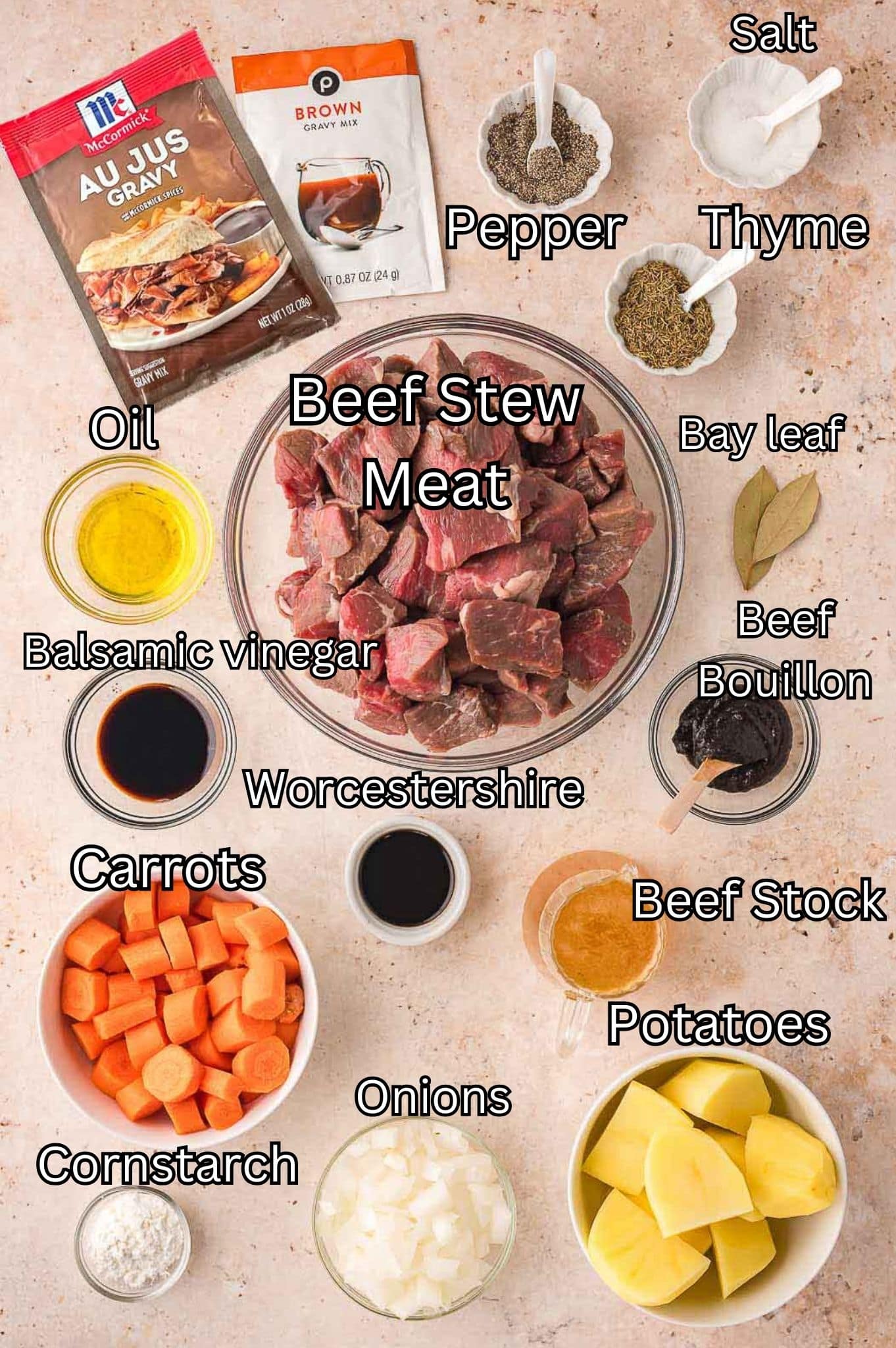 Ingredients for Slow Cooker Beef Stew by Tessie's Table.