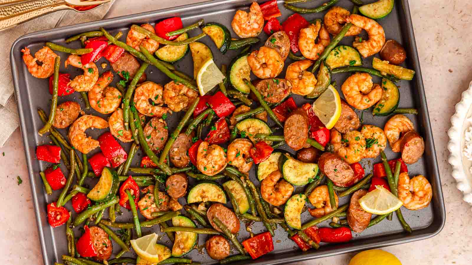 Sheet Pan Shrimp and Sausage by Tessie's Table.