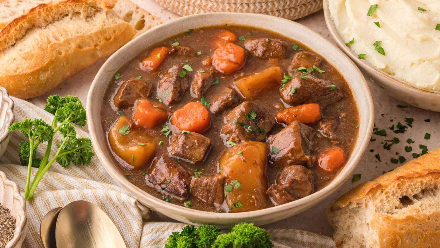 A hearty beef stew with tender chunks of beef, carrots, and potatoes, garnished with parsley, served with fresh bread and mashed potatoes.