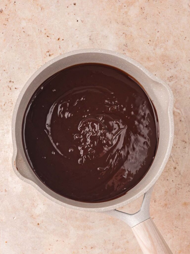 Chocolate ganache in a pan.