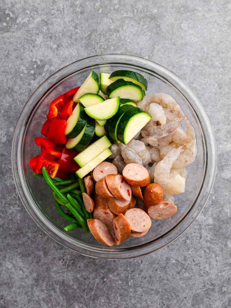 Shrimp and Veggies in a bowl.