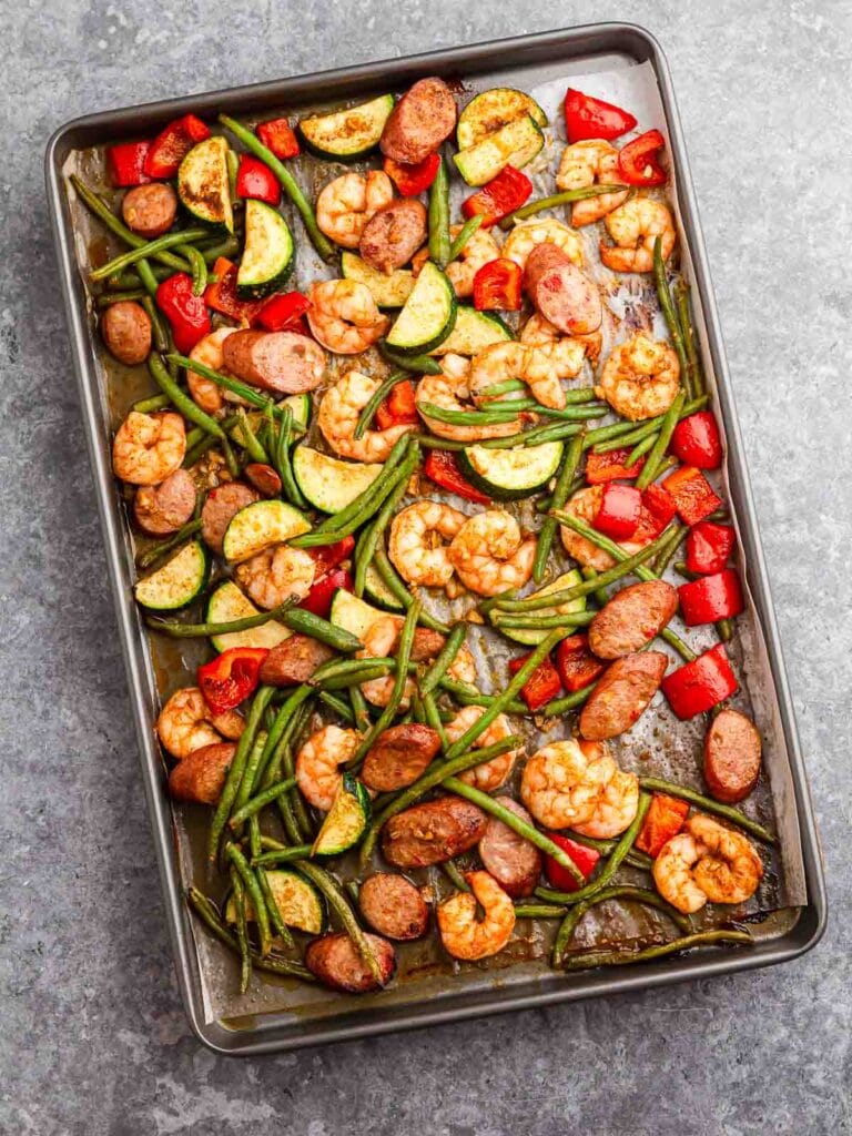 All the Shrimp and veggies cooked on the sheet pan.