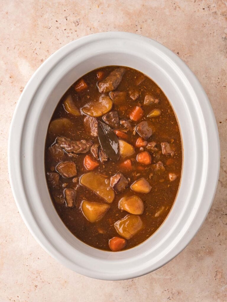 Cooked Slow Cooker Beef Stew in a slow cooker.