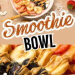 Healthy smoothie bowl with fresh strawberries, bananas, blueberries, coconut flakes, sliced almonds, and nut butter drizzle on top.