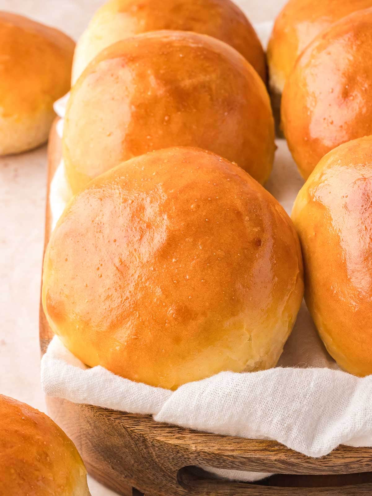 A row of fresh baked Brioche Buns.