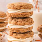 Carrot Cake Cookie Sandwiches stacked high.