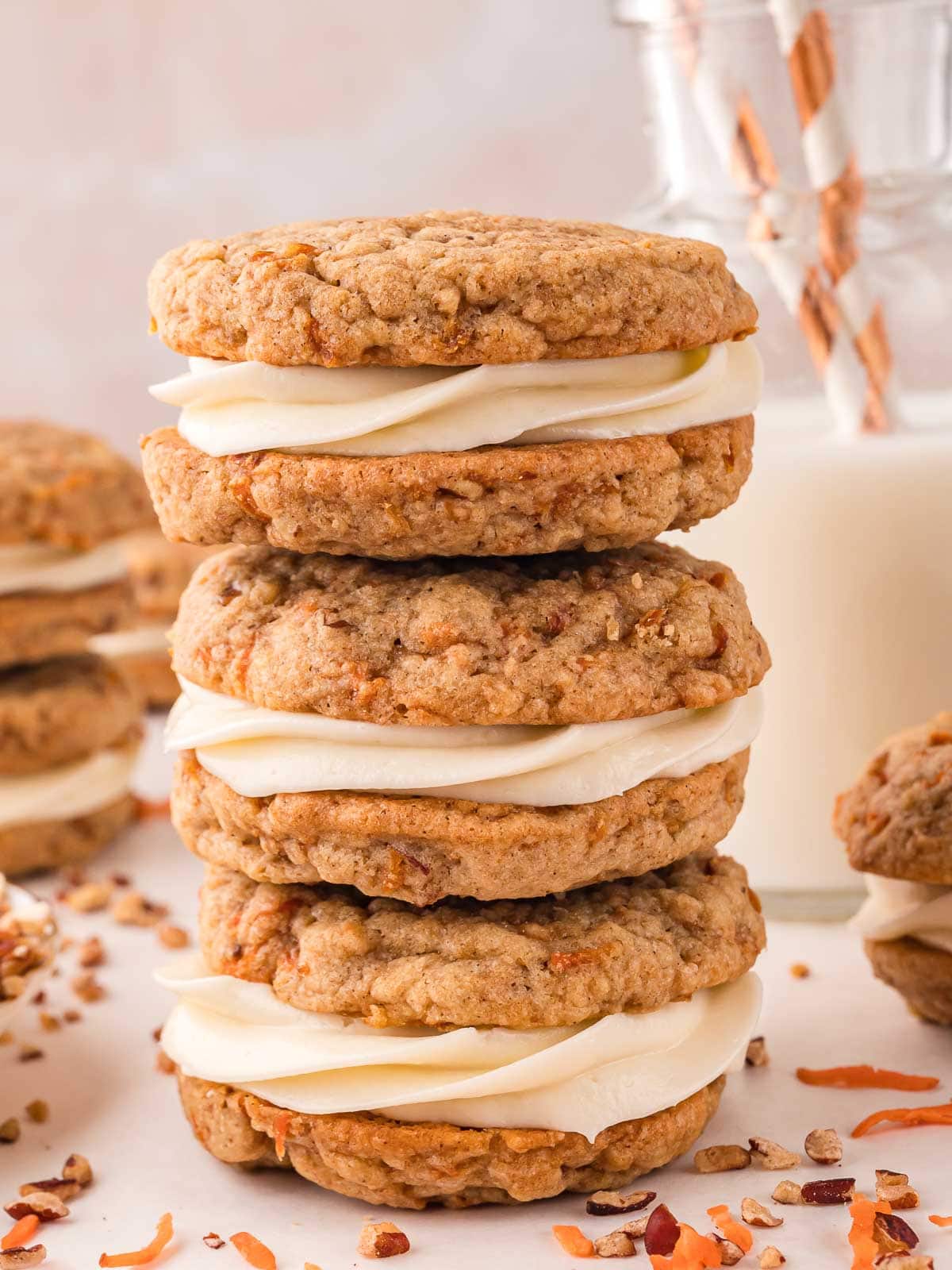 Carrot Cake Cookie Sandwiches stacked high.