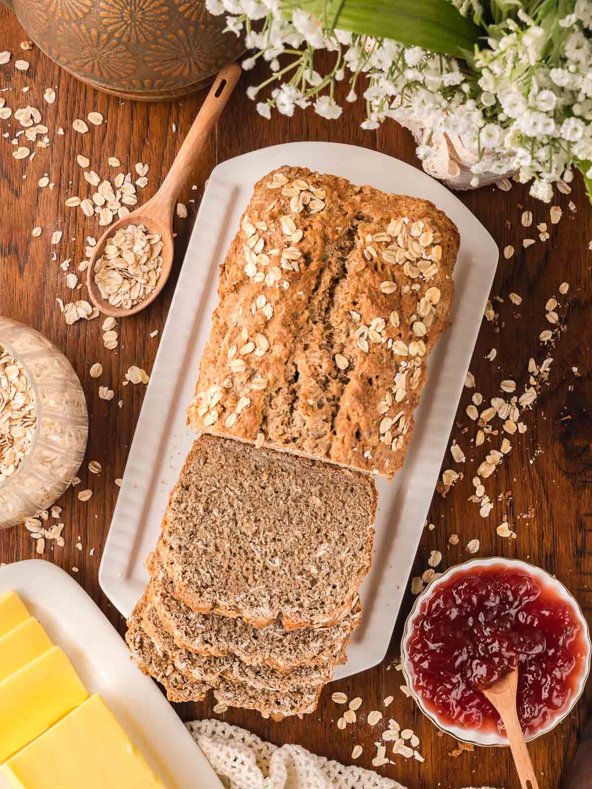 Sliced Irish brown bread on a wooden table.