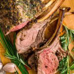 Over head sjot of lamb chops cut from a rack of lamb.