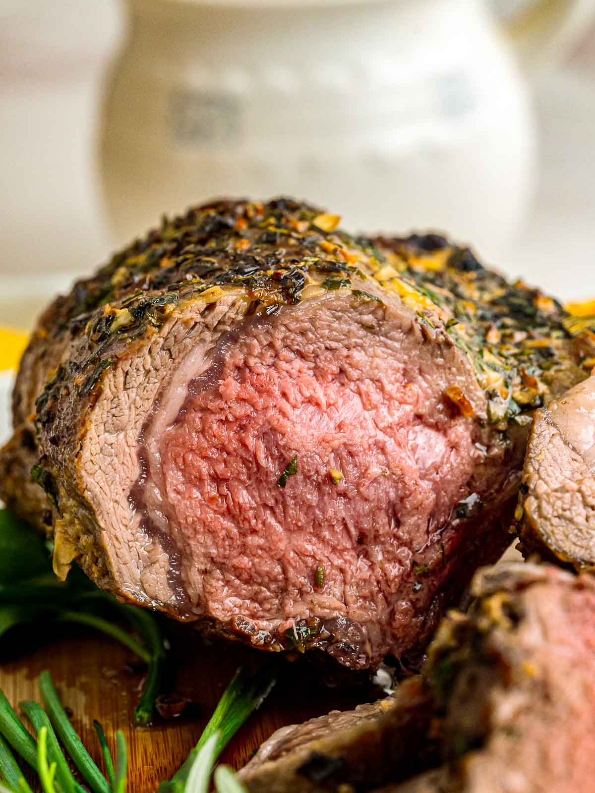 Inside shot of a sliced rack of lamb.