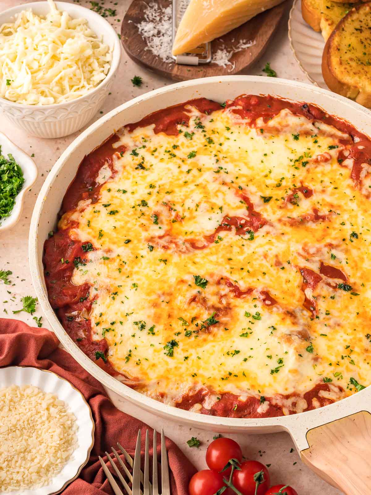 A side up close view of Skillet Lasagna.