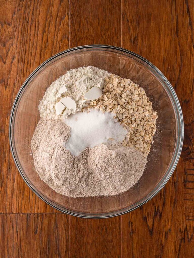 All the dry ingredients for irish brown bread in a bowl.