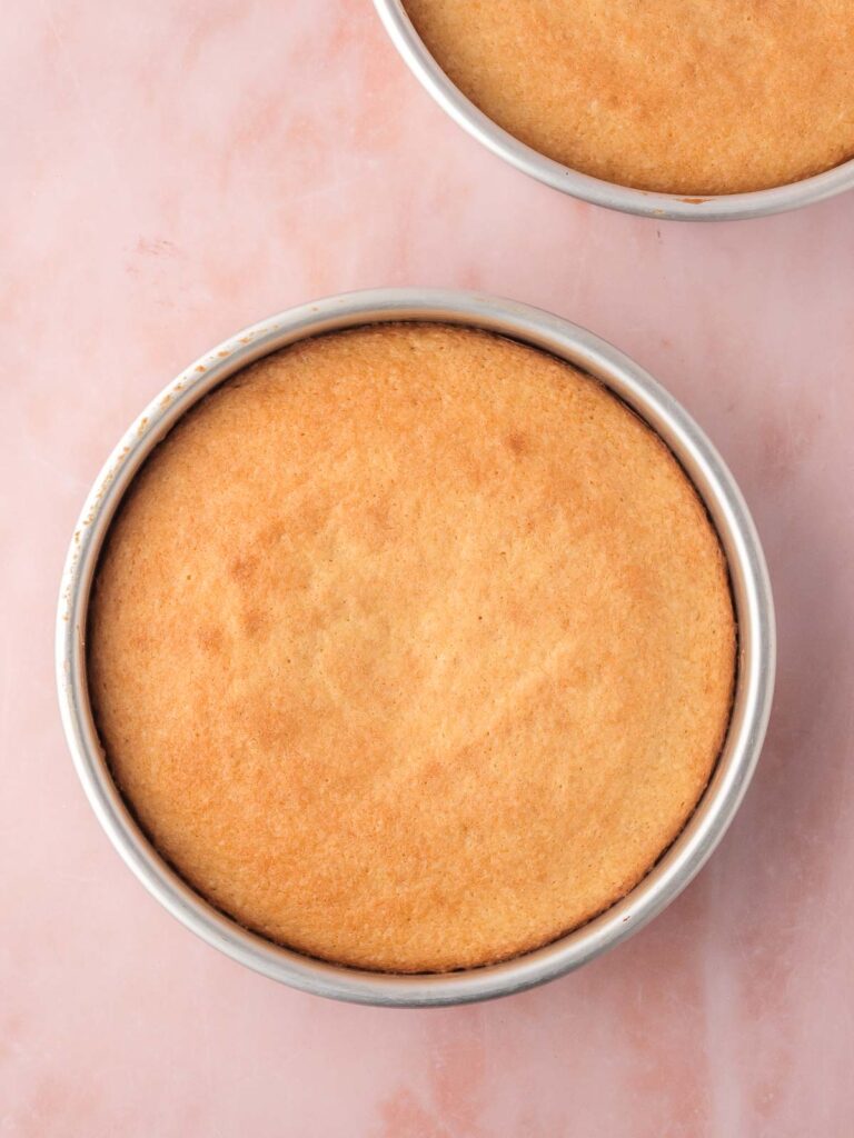 Two cooked victoria sponges in 8' pans.